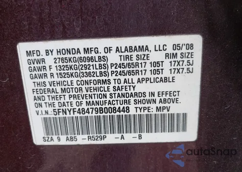 2009 Honda Pilot Ex from USA, damaged, VIN 5FNYF48479B008448